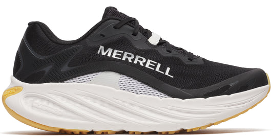 Black running shoe with a thick white sole and the word "MERRELL" in white on the side.