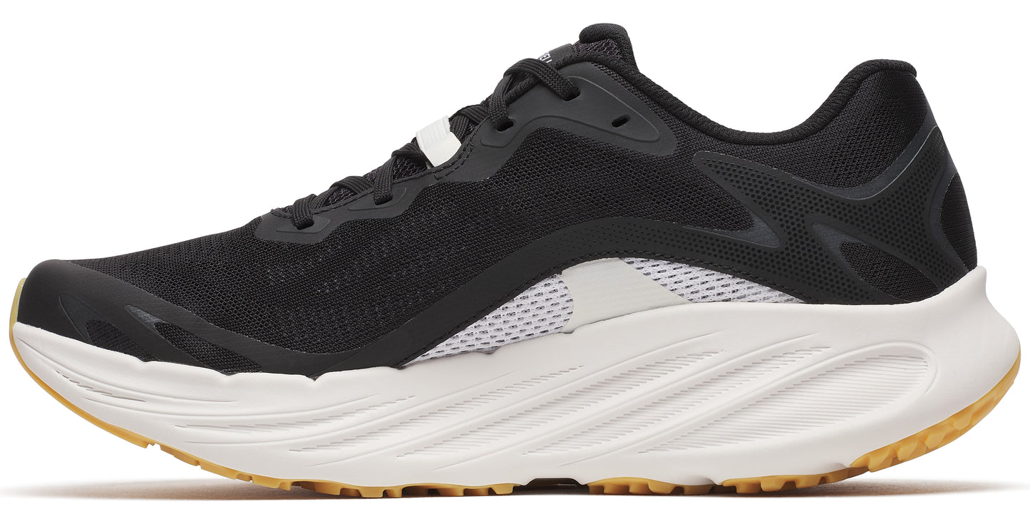 A running shoe featuring a black upper with white accents and a thick, white midsole.