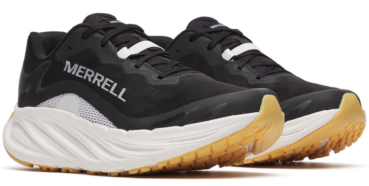 A pair of low-profile black running shoes with white midsoles and gum outsoles. The word "MERRELL" is displayed on the side.