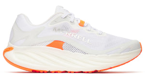 A white running shoe with an orange accent on the sole and near the laces.