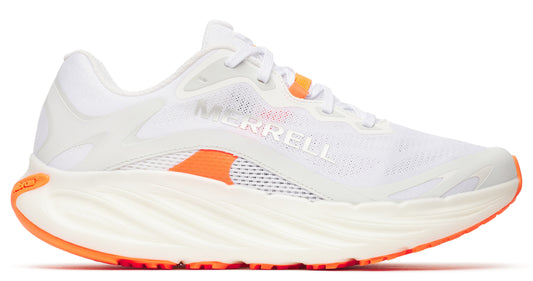 A white running shoe with an orange accent on the sole and near the laces.