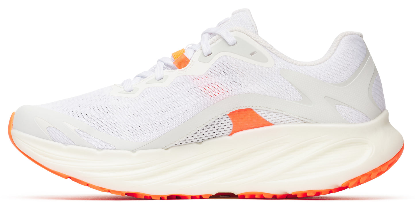 White running shoe with orange accents and thick sole.