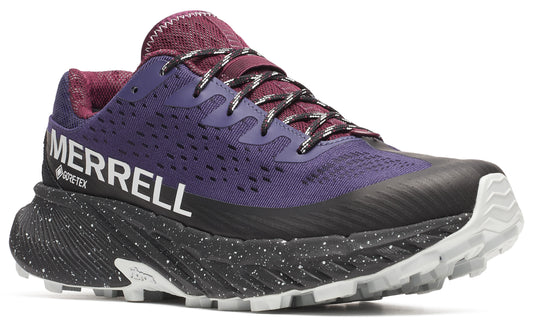 Purple running shoe with a black sole, white tread and speckled midsole with the word MERRELL and GORE-TEX printed on the side.