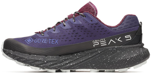 Trail running shoe, purple with black sole, with the text 'GORE-TEX' and 'AGILITY PEAKS 5' printed on it.