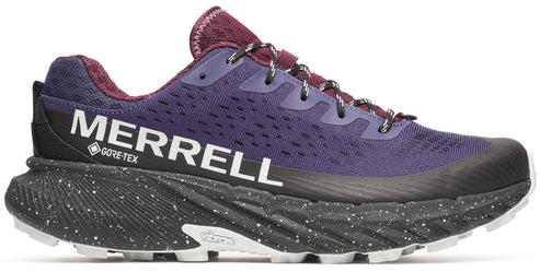 A purple running shoe with a black midsole speckled with white, and white "vibram" text on the sole. The word "MERRELL" with "GORE-TEX" text appears in white on the side of the shoe.