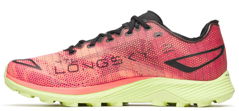 A pink running shoe with black accents and the text 'MT LONG S' on the side.