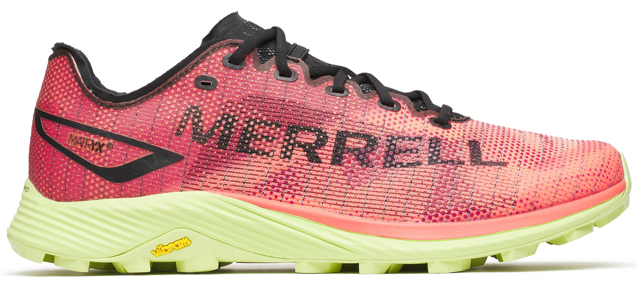 Pink and orange running shoe with black laces and a green sole and the word MERRELL on the side.