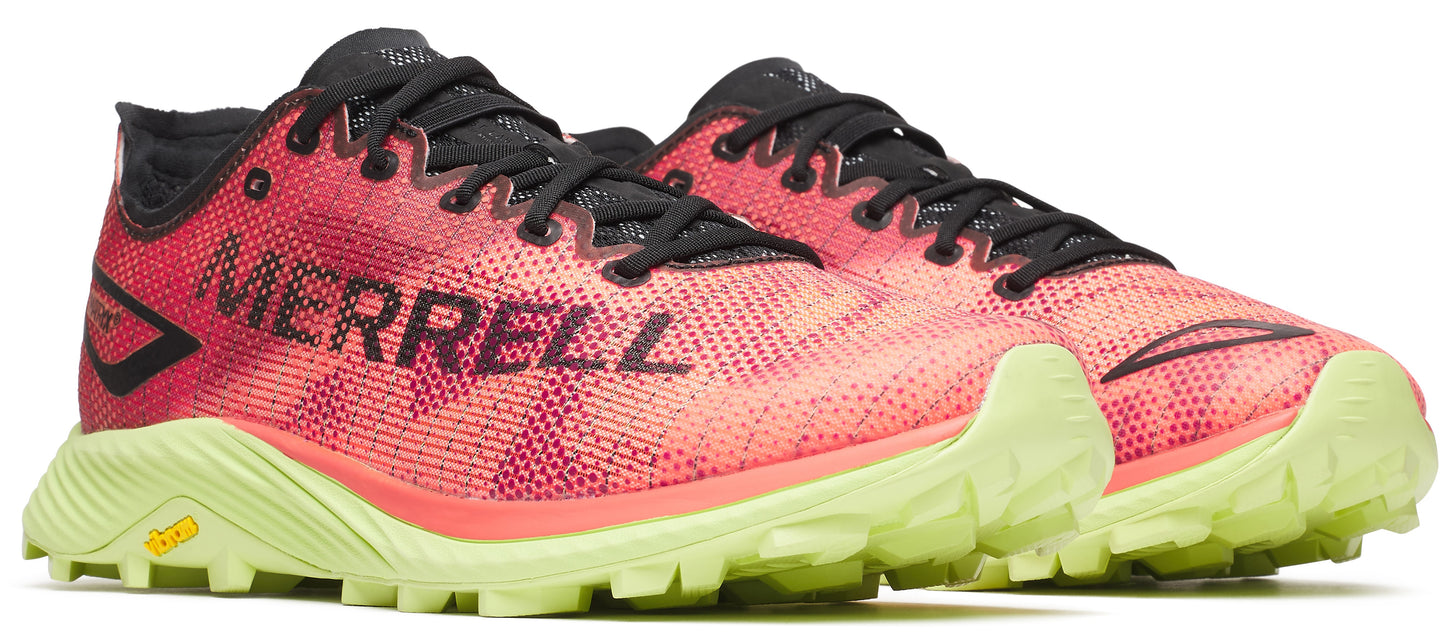A pair of pink and orange running shoes with the word MERRELL on the side.