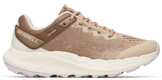 Tan running shoe with white sole and the brand name MERRELL on the heel.