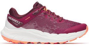 Burgundy athletic shoe with thick white midsole and orange outsole. White "MERRELL" text on the heel.