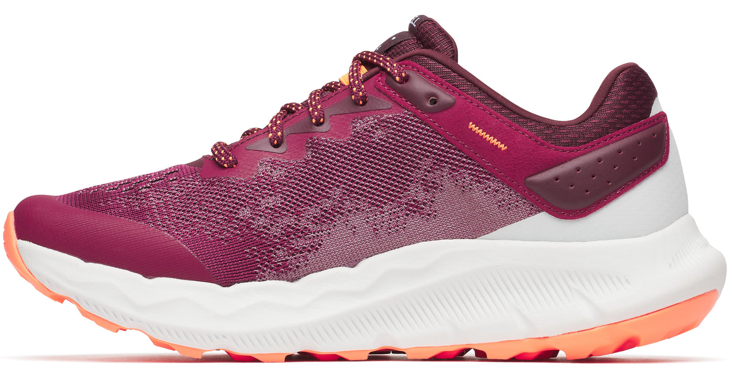 Burgundy running shoe with mesh upper, padded collar, orange accents, and thick white sole.