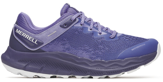 A side view of a low-rise purple athletic shoe with white sole and the word MERRELL printed in white on the heel.