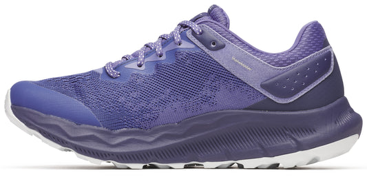 Purple running shoe with a white sole.