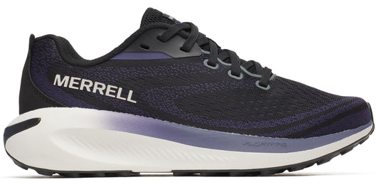 A black running shoe with a white sole and the word MERRELL on the side.