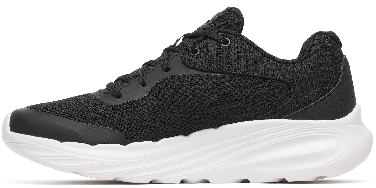 A black sneaker with a white sole.