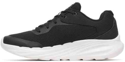 A black sneaker with a white sole.