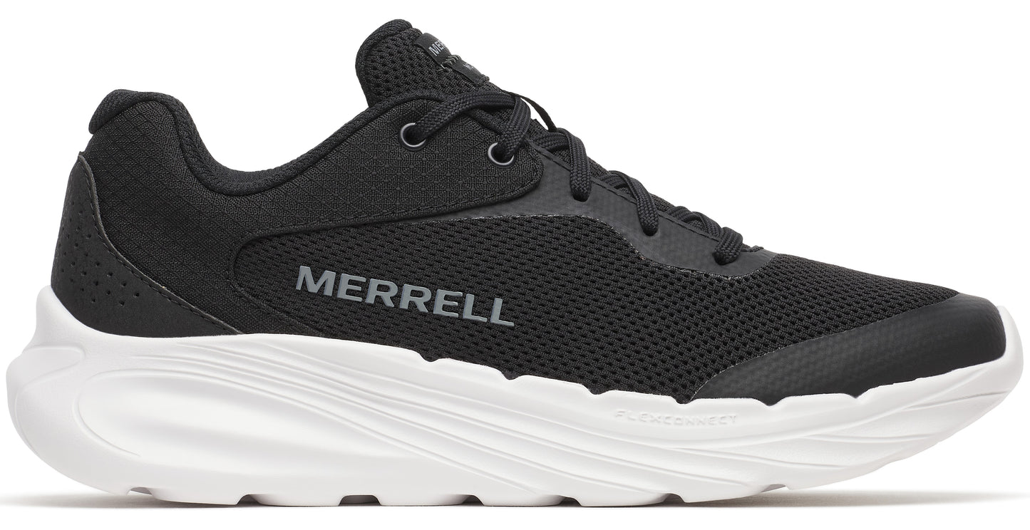 A low-cut black athletic shoe with a white textured sole and "MERRELL" printed on the side.