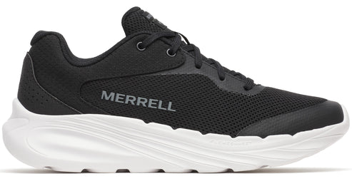 A low-cut black athletic shoe with a white textured sole and "MERRELL" printed on the side.
