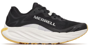 Black running shoe with thick white sole and 'MERRELL' printed on the side.