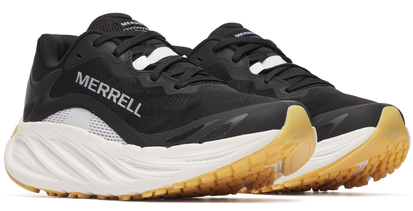 Running shoes, black upper with white midsole and light brown outsole. "MERRELL" text on the side.