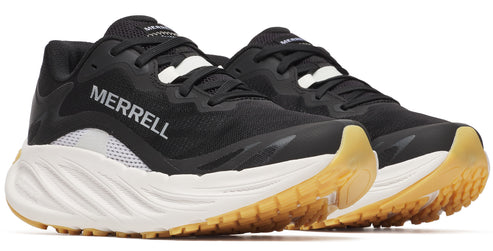 Running shoes, black upper with white midsole and light brown outsole. "MERRELL" text on the side.
