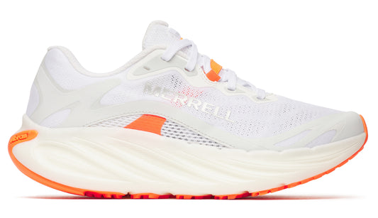 White running shoe with orange accents and thick, cushioned sole; "MERRELL" visible on the side.
