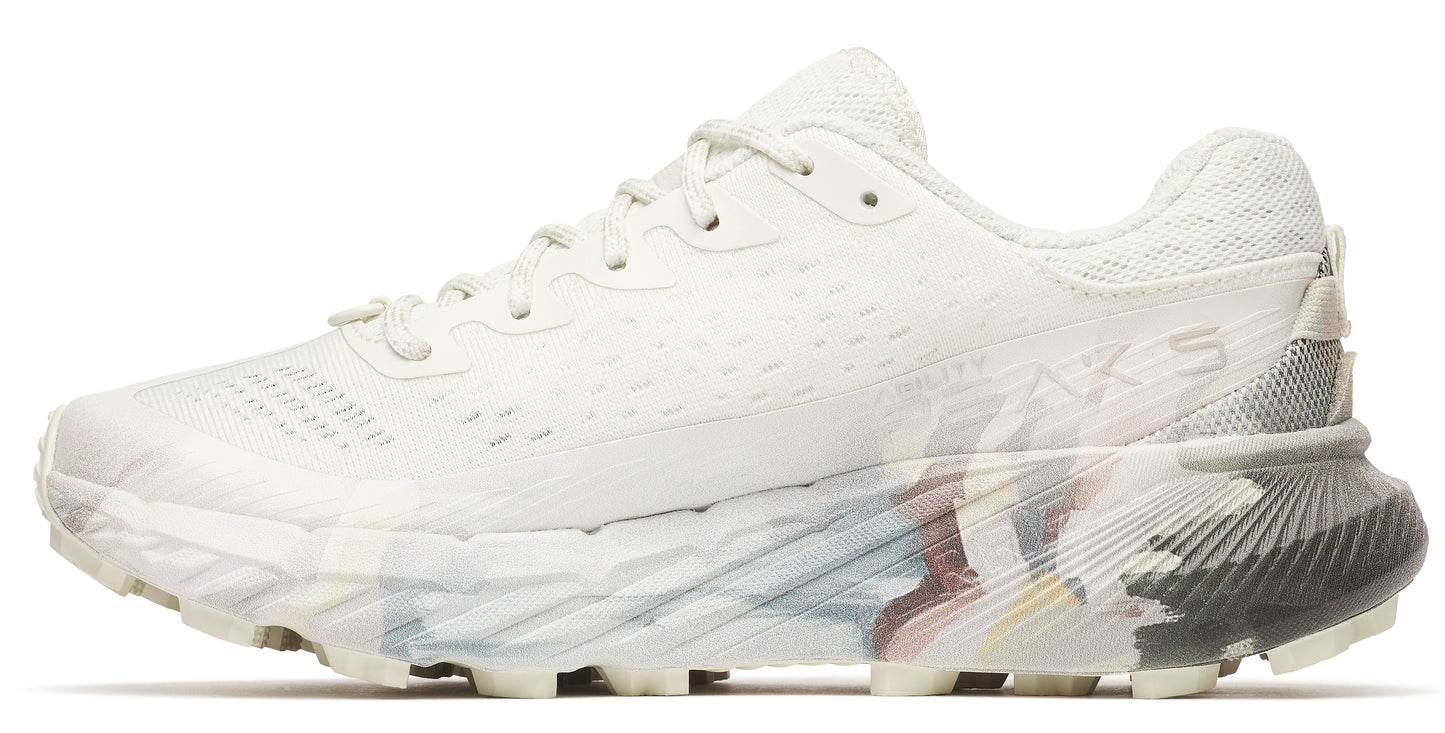 A running shoe that is all white with a decorated sole.