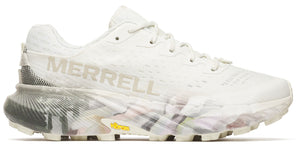 A white trail running shoe with the word MERRELL on its side.