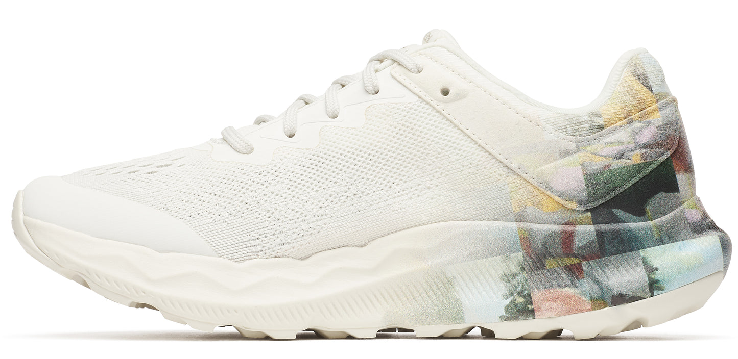 A white running shoe with a patterned heel.