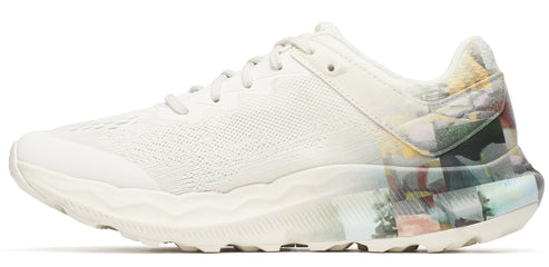 A white running shoe with a patterned heel.