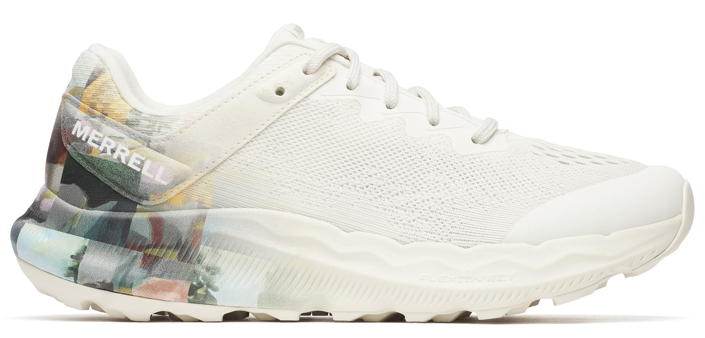 A white running shoe with the word MERRELL on the heel.