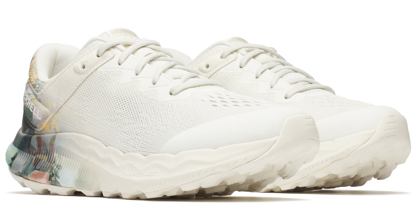 Pair of off-white running shoes with patterned heel.