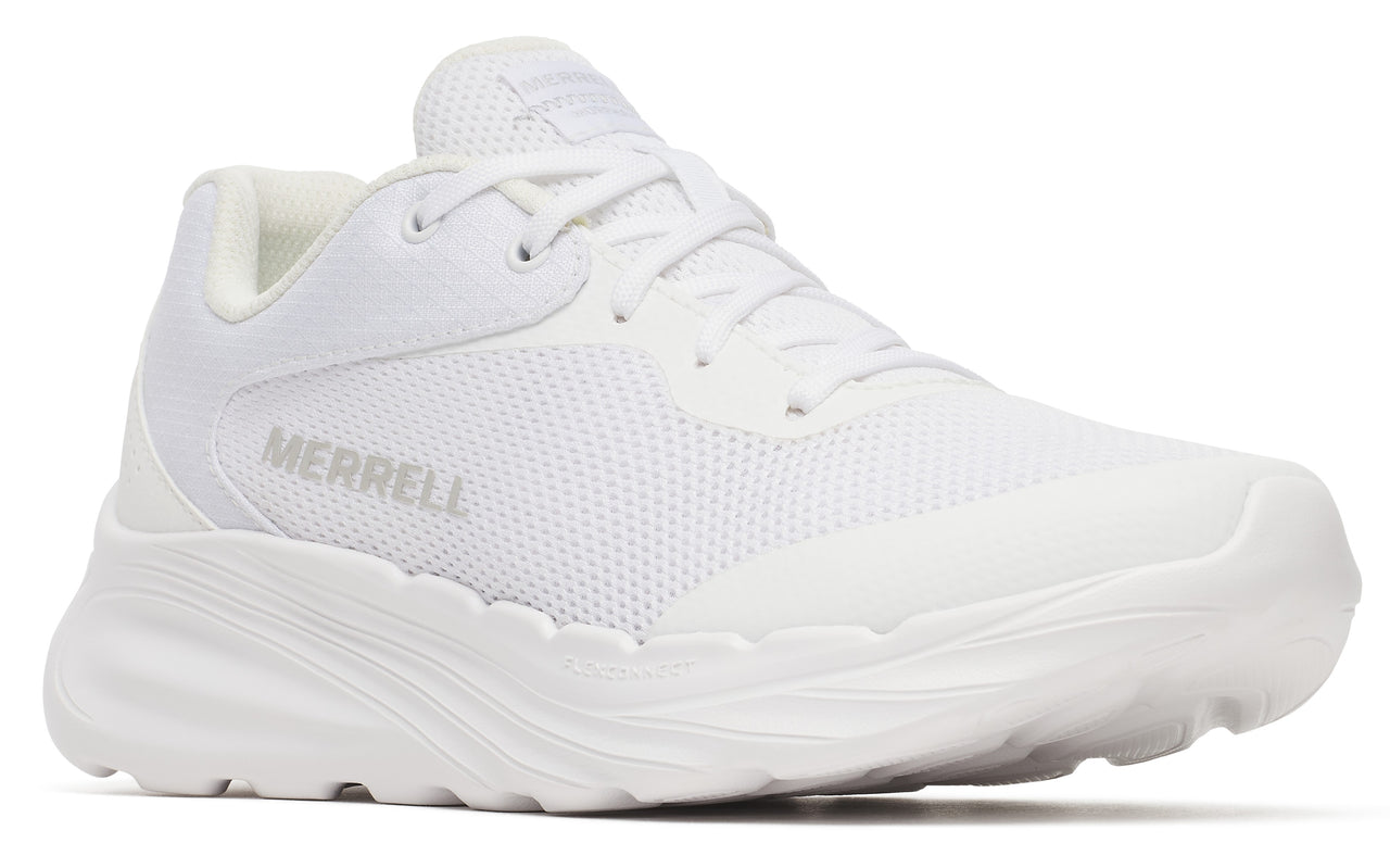 All-white low-top sneaker with 'MERRELL' printed on the side.