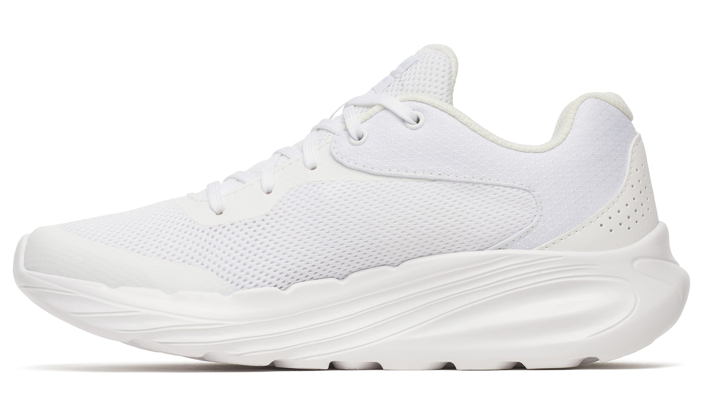 A white sneaker with mesh upper, curved sole and lace up closure.