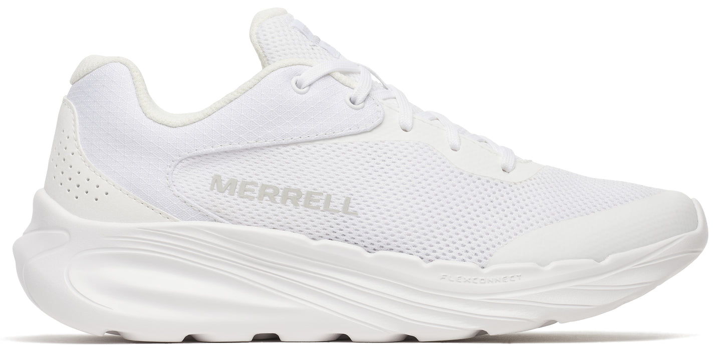 White sneaker with a thick white sole and the word MERRELL on the side.