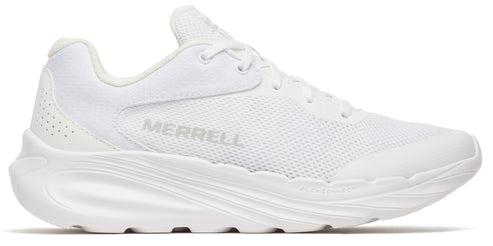 White sneaker with a thick white sole and the word MERRELL on the side.