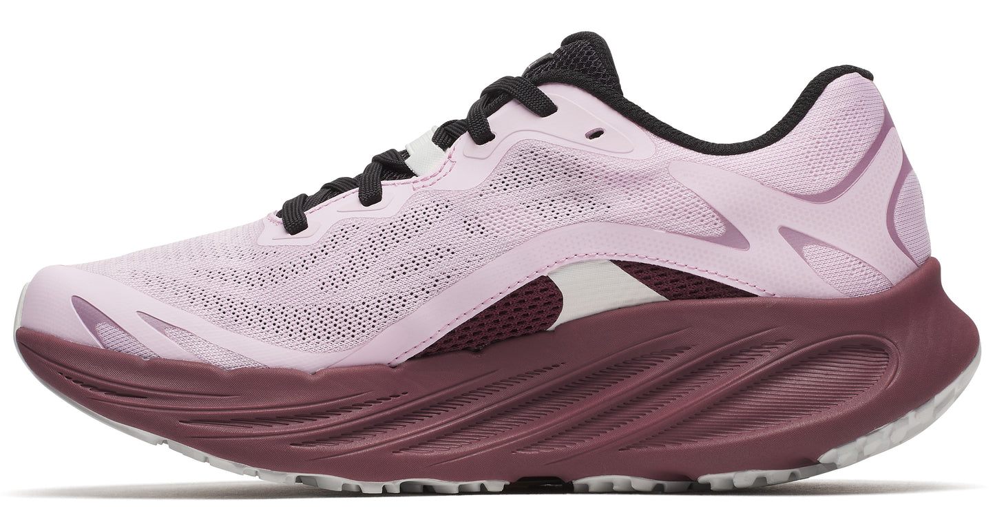 Lavender running shoe with a thick, maroon-colored sole and black laces.
