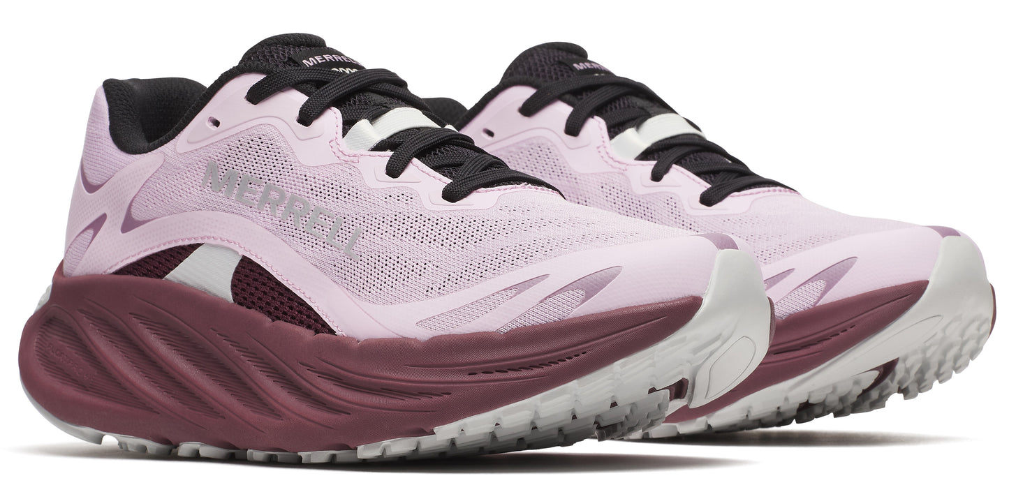 Two pink athletic shoes with black laces and a burgundy colored midsole.