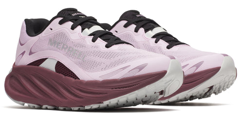 Two pink athletic shoes with black laces and a burgundy colored midsole.