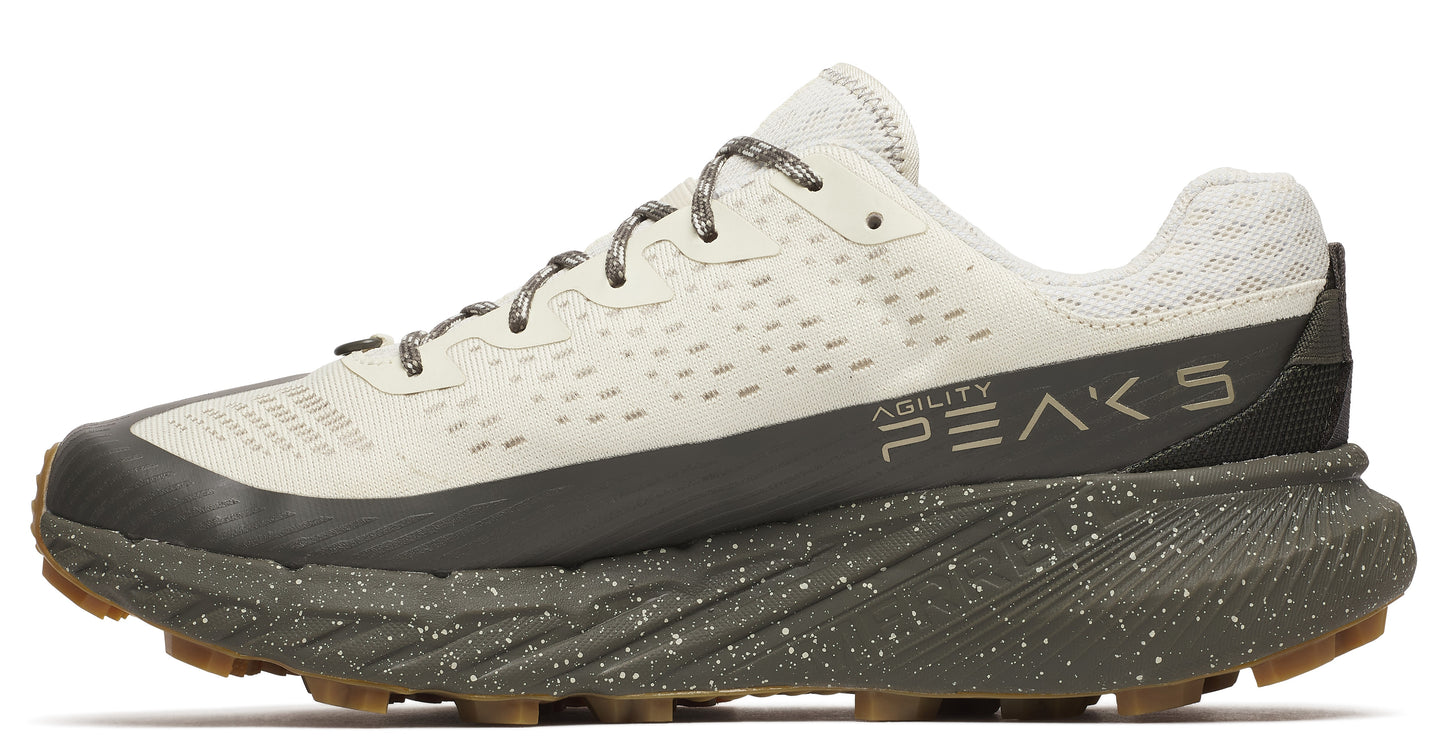 A trail running shoe in gray and off-white with "AGILITY PEAKS 5" on the side.
