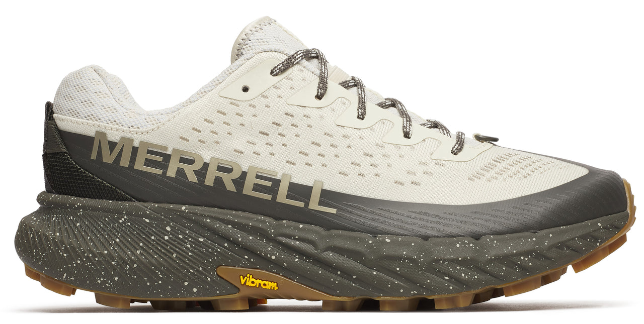 Beige running shoe with gray accents and laces, featuring the word MERRELL on the side.