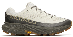 Beige running shoe with gray accents and laces, featuring the word MERRELL on the side.