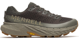 A hiking shoe in dark green with the word MERRELL printed on the side.