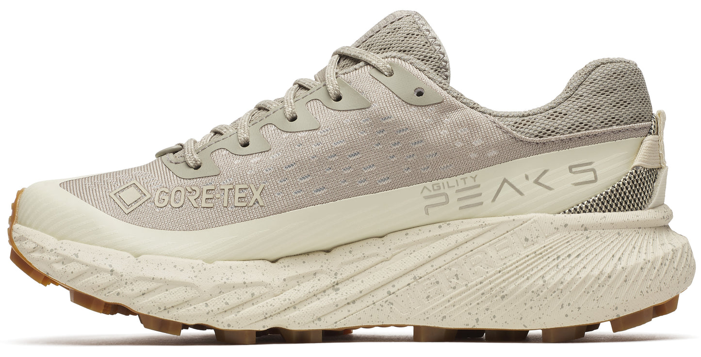 Tan trail running shoe with GORE-TEX logo and the word 'ABILITY PEAKS' on the side, featuring a thick patterned sole.