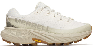 Off-white running shoe with 'MERRELL' printed on the side and a brown Vibram sole.
