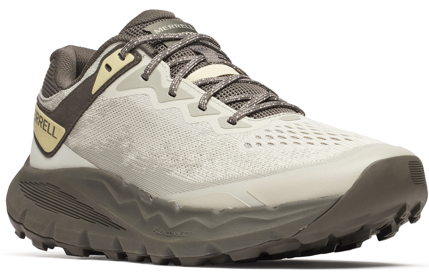 Tan running shoe with lug sole, mesh upper, and neutral laces.