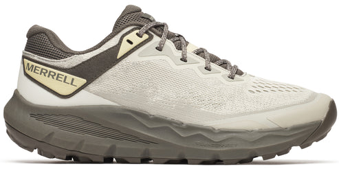 A running shoe with a light tan mesh upper, olive-grey accents at the heel and eyelets, and a chunky, deep-lugged olive-grey sole. The word "MERRELL" is printed at the heel.