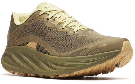 Olive-colored running shoe with a thick, sculpted sole and light-yellow laces.