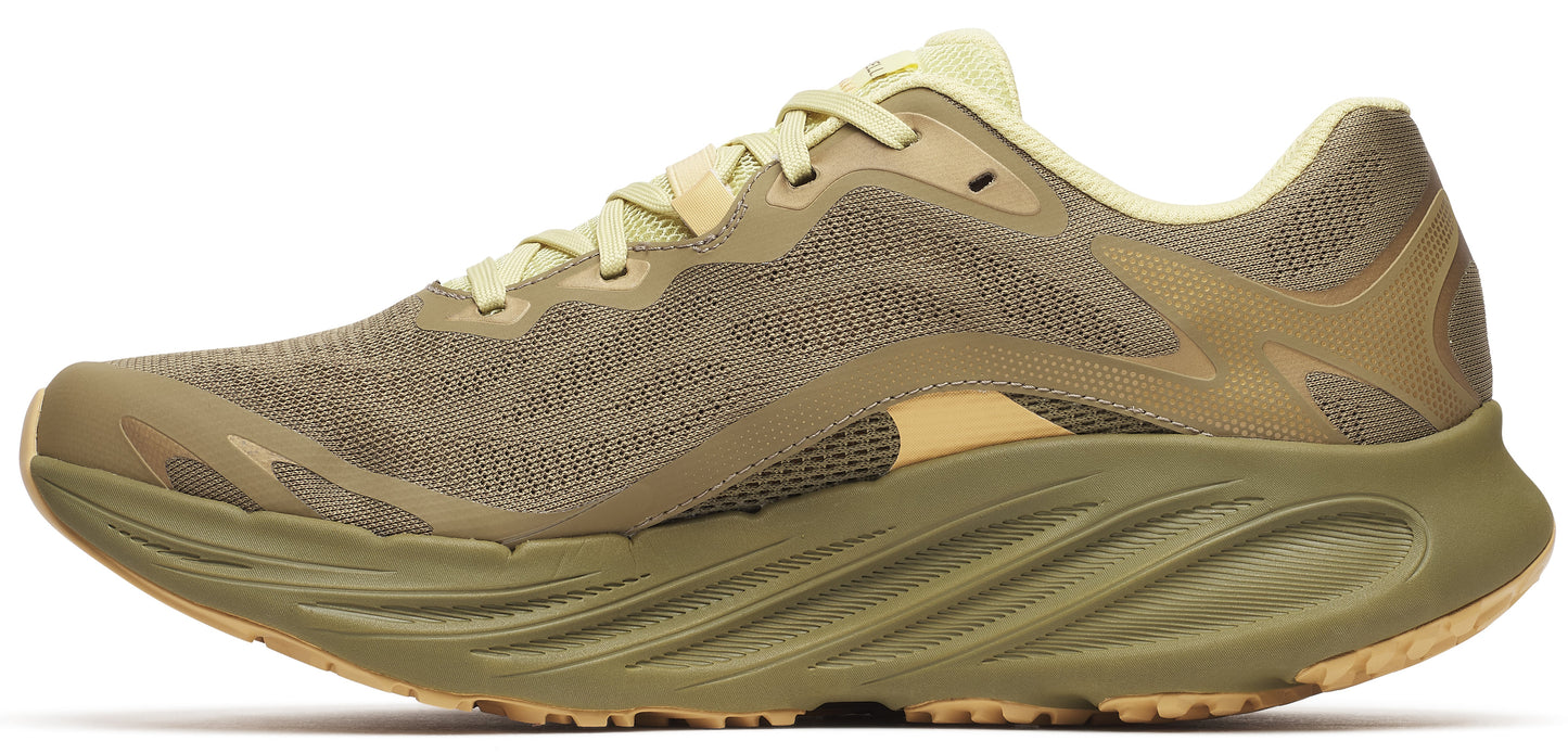 A running shoe in shades of green and brown, showcasing a mesh upper, cushioned sole, and lace-up closure.