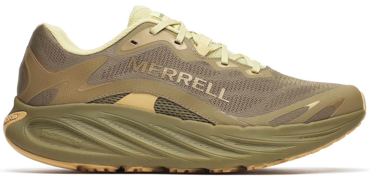 A low-profile, light green running shoe with the word MERRELL on the side.